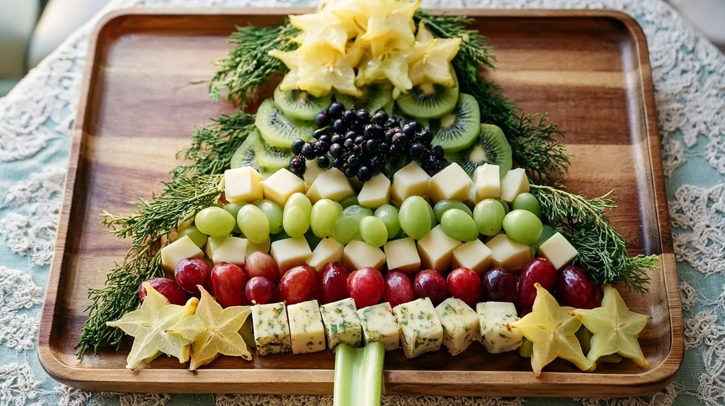 Christmas Tree Charcuterie Board with assorted meats, cheeses, and festive decorations