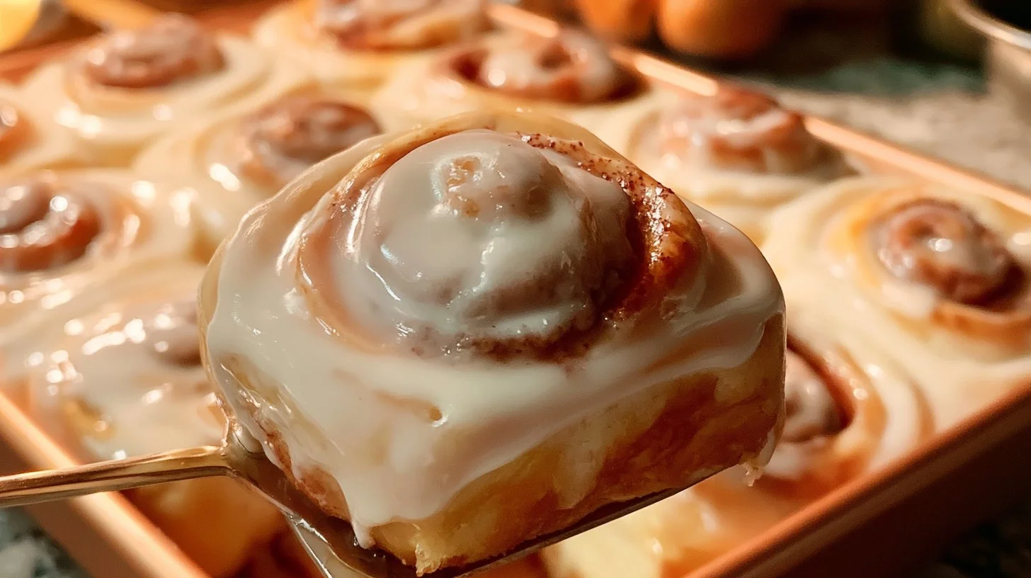 Freshly baked, gooey cinnamon rolls with cream cheese icing