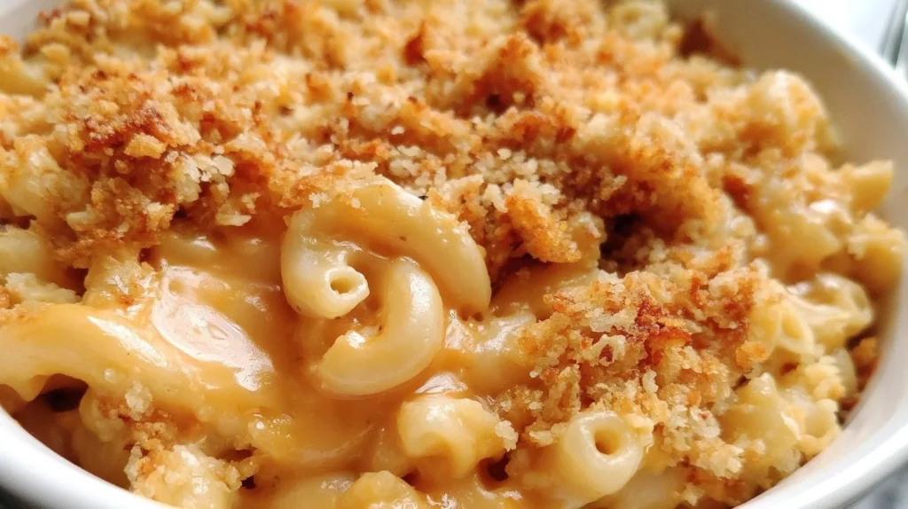 Delicious classic baked macaroni and cheese served in a casserole dish