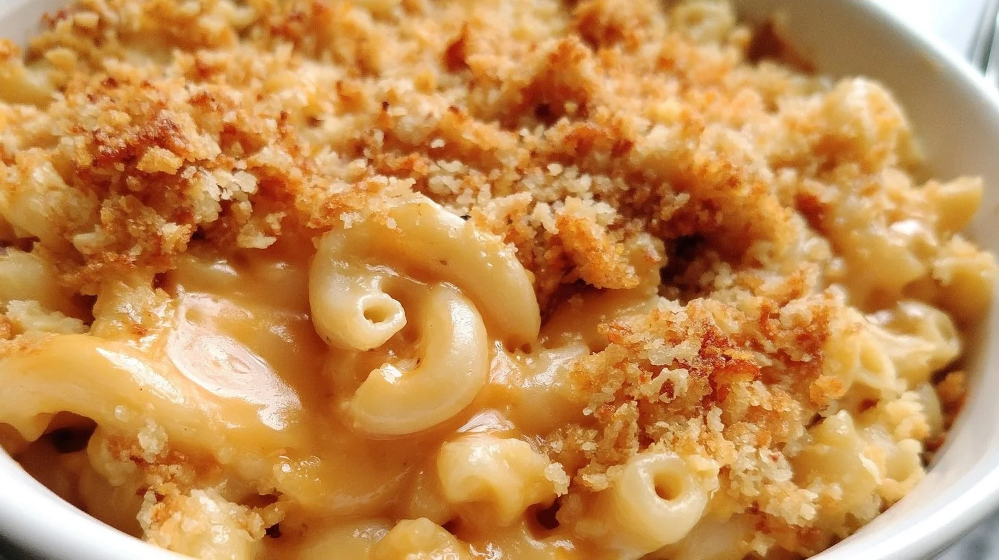 Delicious classic baked macaroni and cheese served in a casserole dish