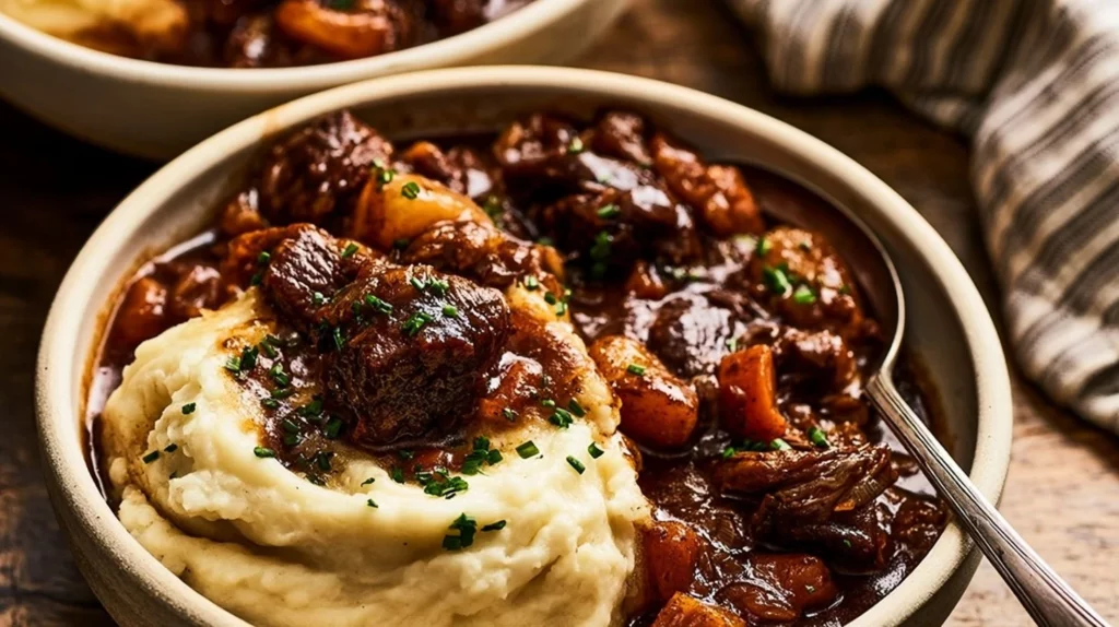Delicious classic Beef Bourguignon served in a rustic bowl with herbs.