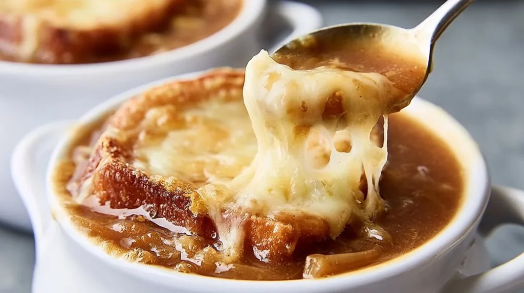 Classic French onion soup with caramelized onions and melted cheese on top