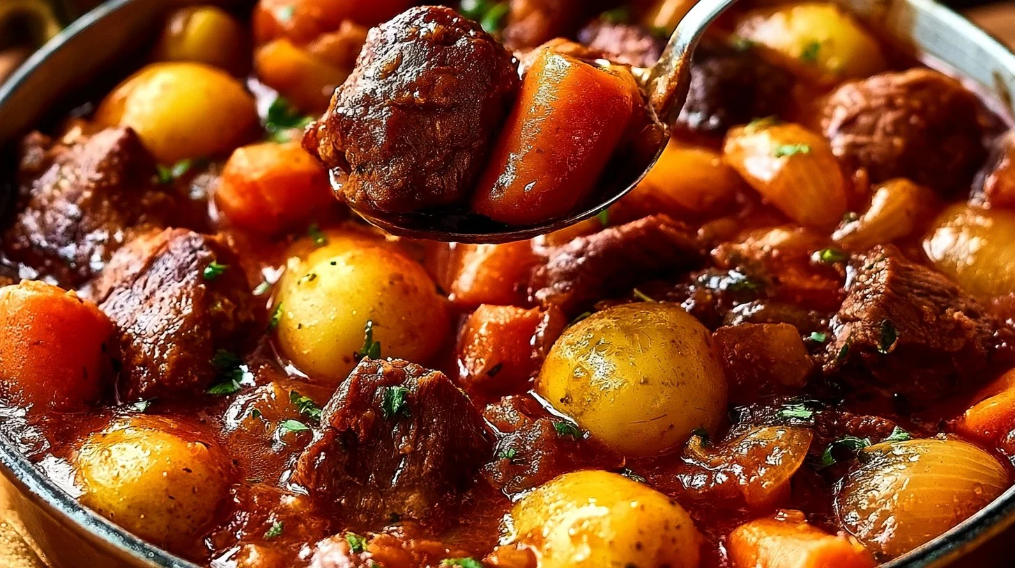Classic homemade beef stew with vegetables and herbs in a rustic bowl