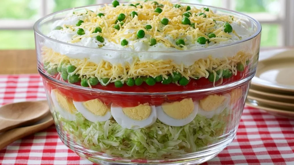 Delicious seven-layer salad featuring vibrant colorful ingredients layered beautifully.