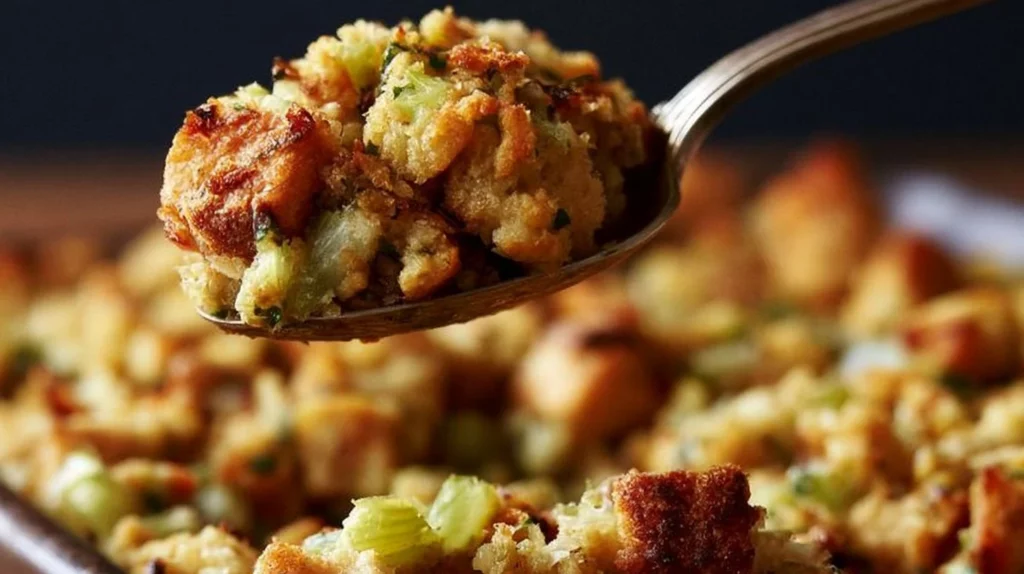 Bowl of classic stuffing garnished with herbs for a festive meal