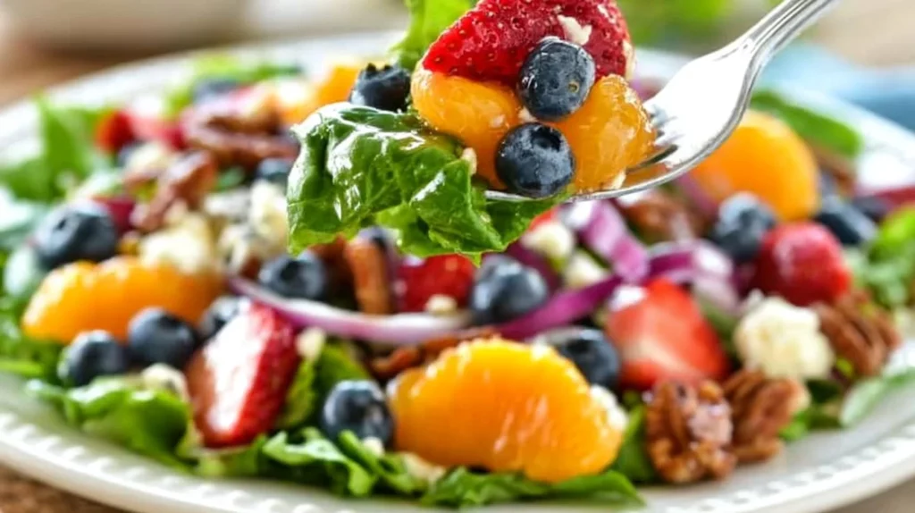 Copycat Panera strawberry pecan salad with fresh greens and pecans