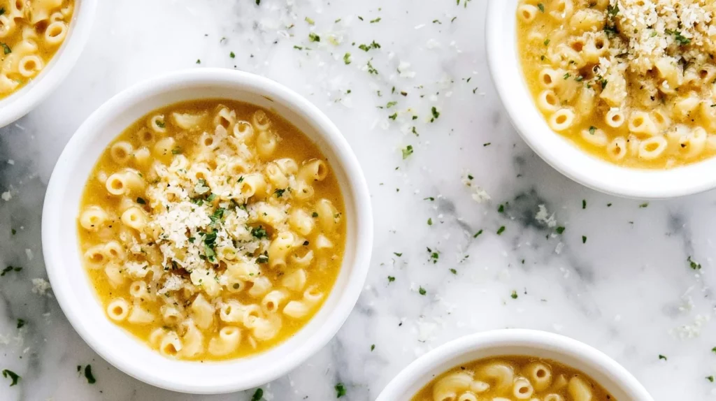 Bowl of Cozy 5 Ingredient Parmesan Pasta Soup garnished with parsley.