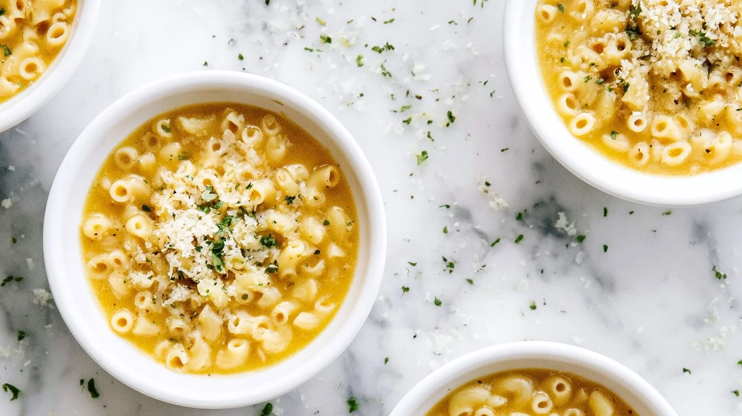 Bowl of Cozy 5 Ingredient Parmesan Pasta Soup garnished with parsley.