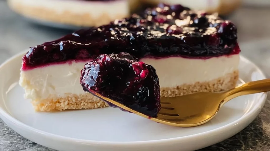 Delicious creamy cheesecake slice topped with fresh berries and drizzled sauce