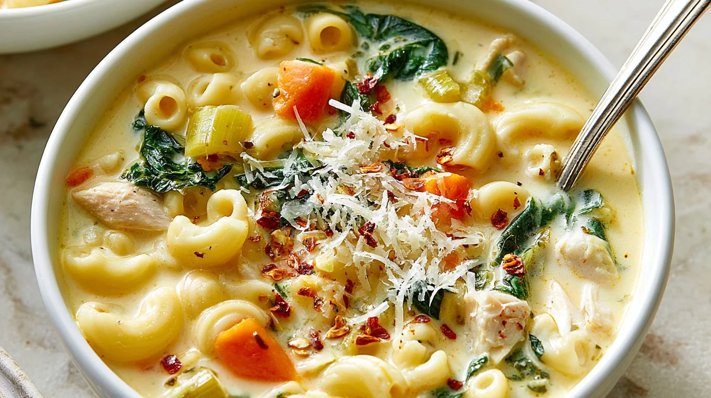 Bowl of creamy chicken pasta soup with herbs and vegetables