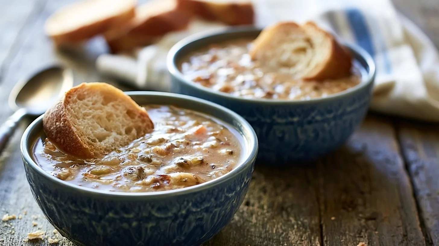 Bowl of creamy chicken wild rice soup garnished with herbs