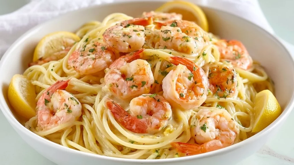 Creamy lemon shrimp pasta in a delicious wine and butter sauce