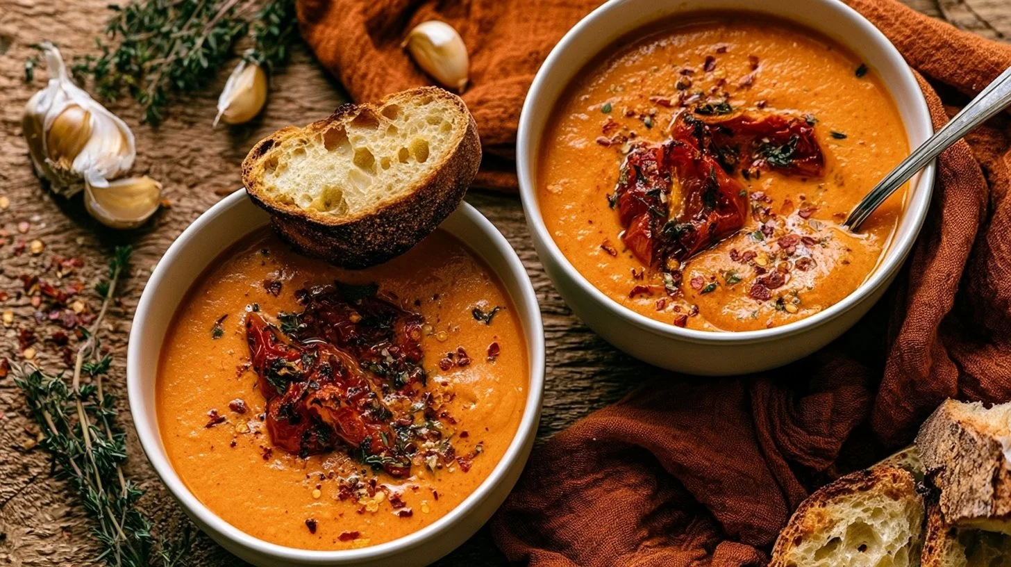 Bowl of creamy roasted garlic tomato soup with fresh basil and garlic cloves