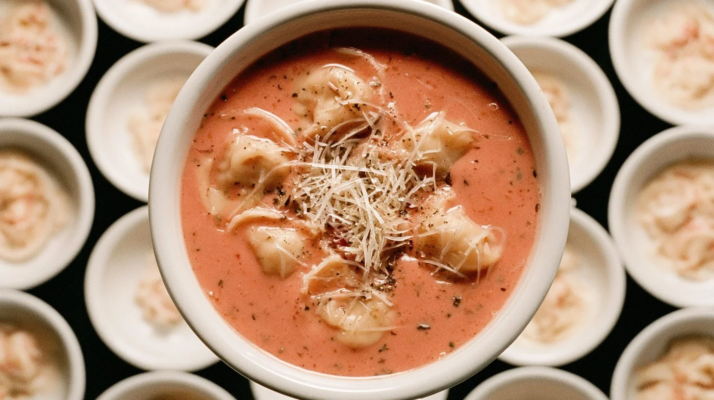 Delicious creamy tomato tortellini soup served in a rustic bowl