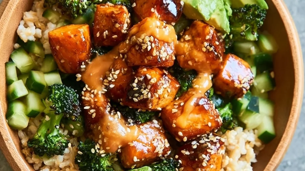 Crispy Bang Bang Salmon bite bowls garnished with fresh vegetables and sauce.