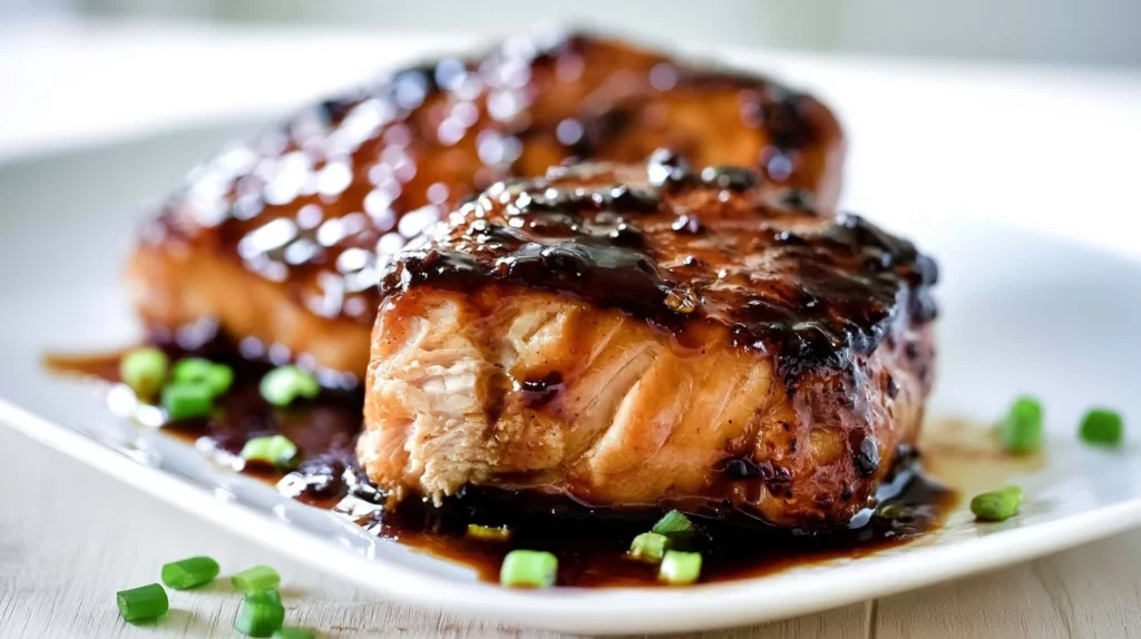 Crispy garlic-miso glazed salmon on a plate with vibrant garnishes.