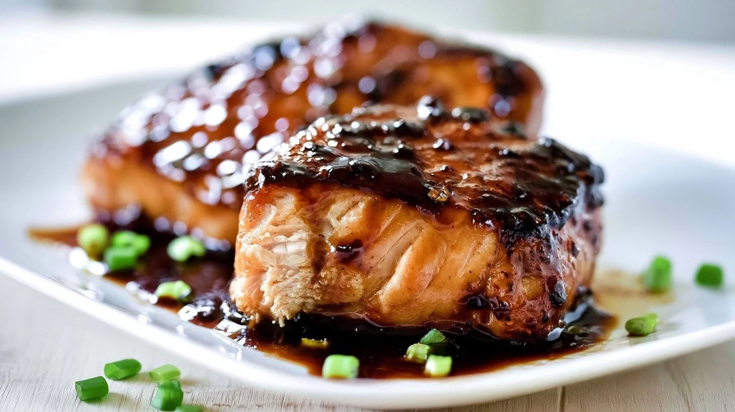 Crispy garlic-miso glazed salmon on a plate with vibrant garnishes.