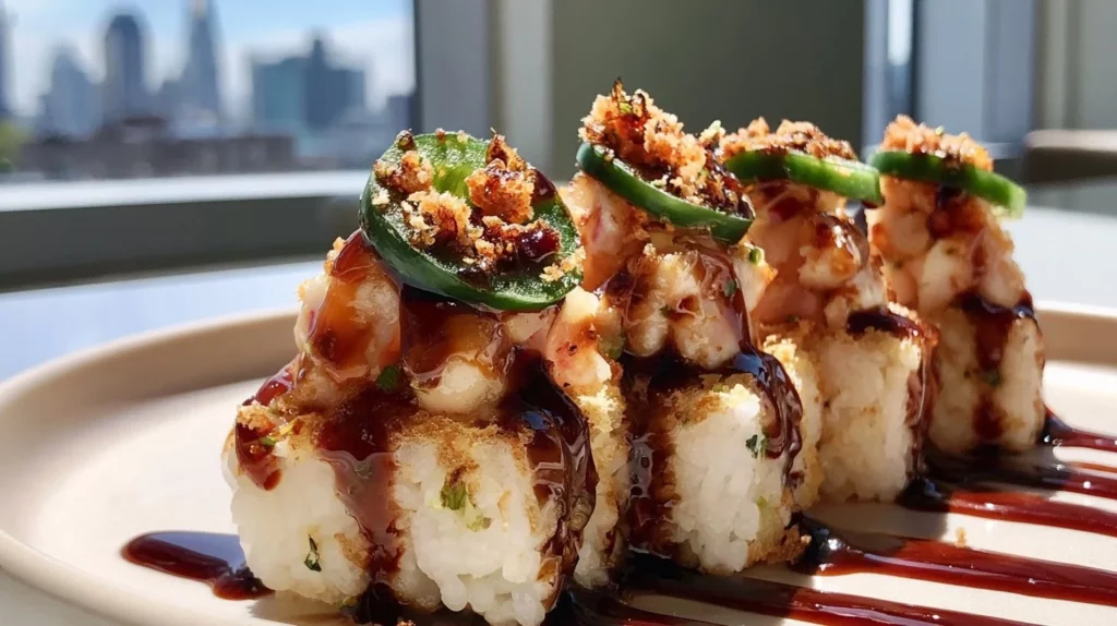 Crispy rice topped with a spicy shrimp salad, a colorful and flavorful dish.