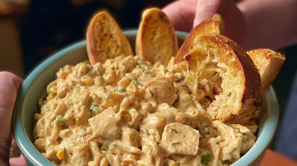 Crock Pot Chicken Pot Pie Pasta served in a bowl with fresh herbs on top.