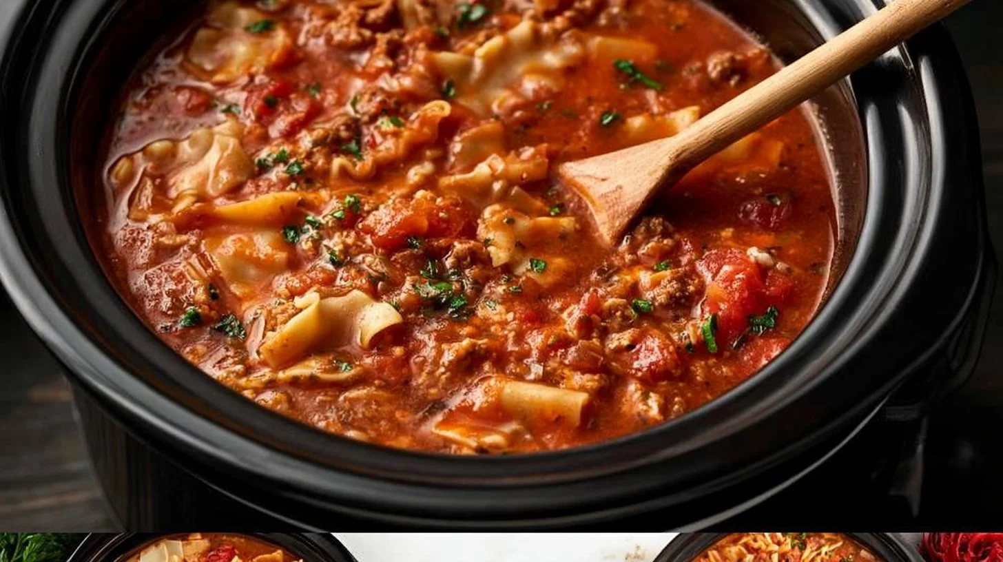A bowl of hearty Crock Pot Lasagna Soup topped with cheese and herbs.