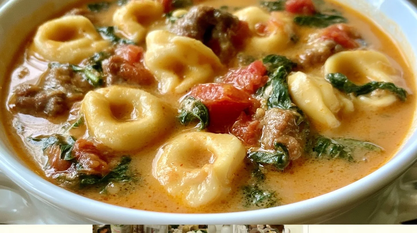 Creamy crockpot tortellini soup with sausage in a bowl
