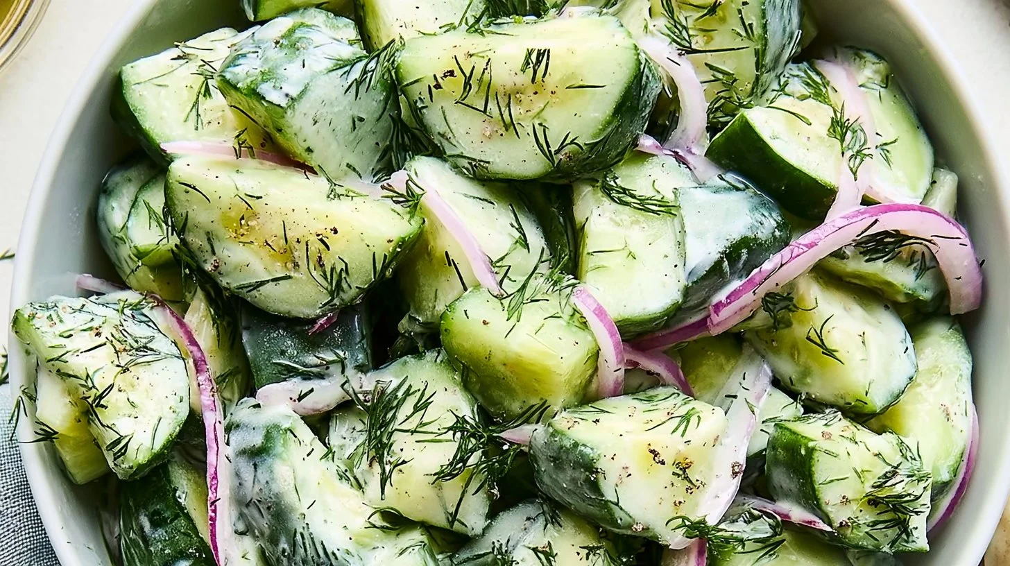 Cucumber Dill Salad 2 Fresh Cucumber Dill Salad with herbs in a bowl