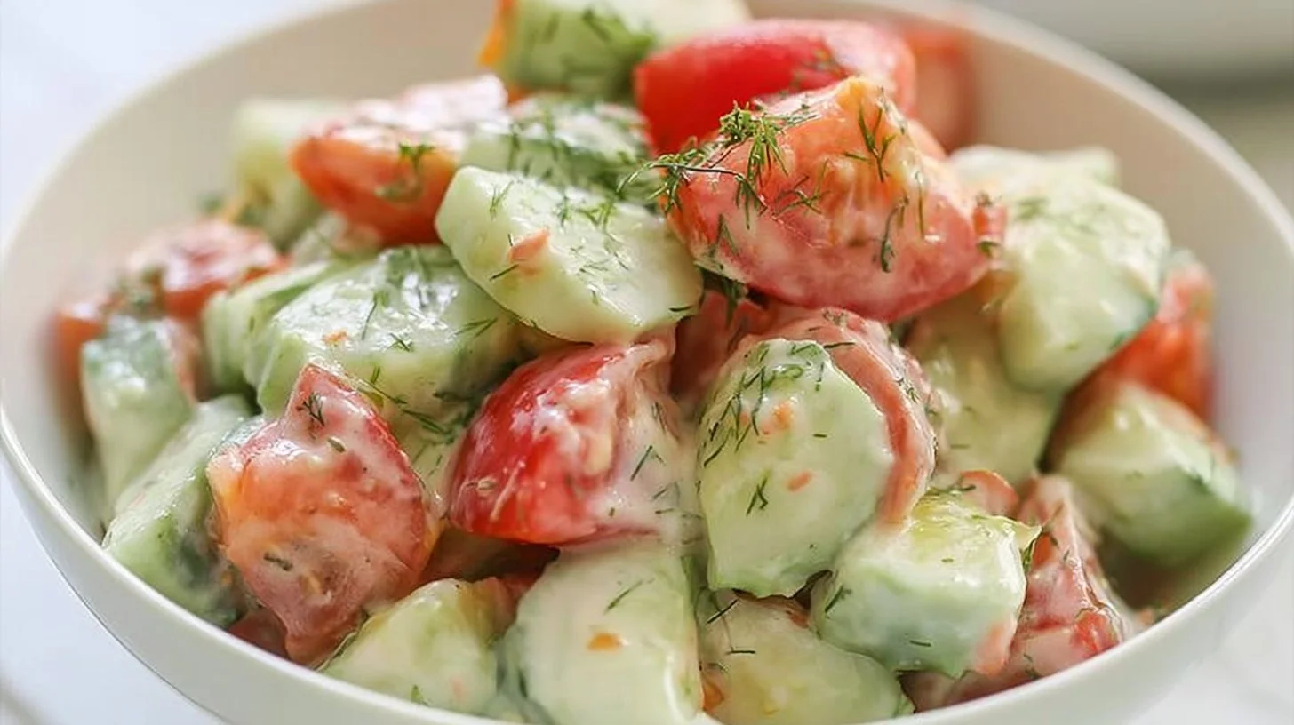 Fresh Cucumber Tomato Salad with dressing and herbs in a bowl