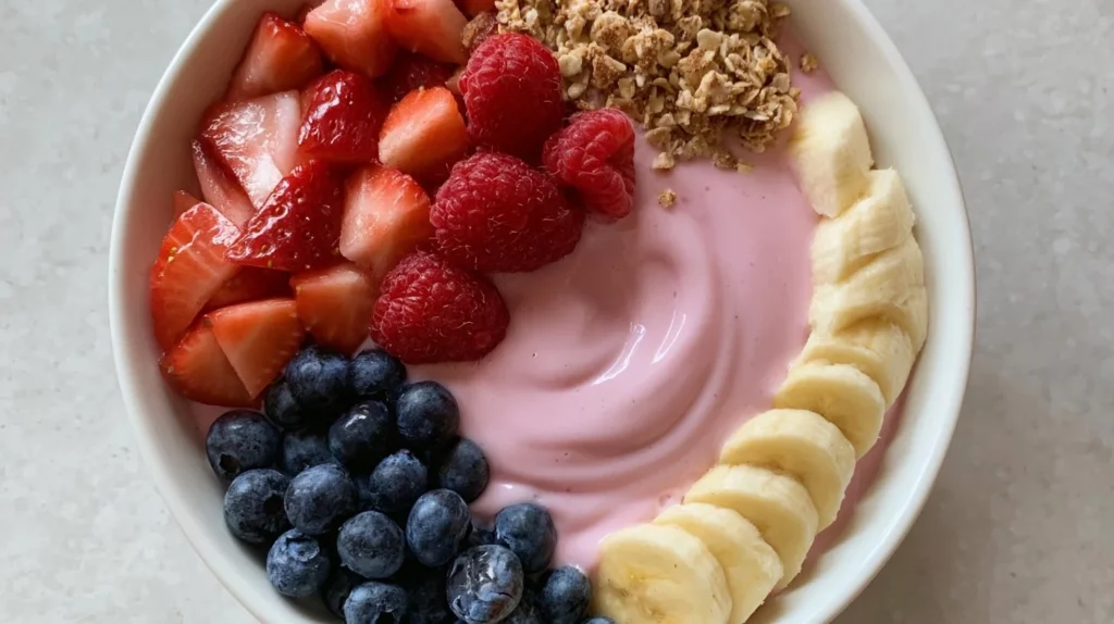 Healthy yogurt bowl topped with strawberries, bananas, and granola.