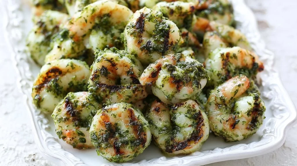 Delicious grilled pesto shrimp skewers arranged on a platter.