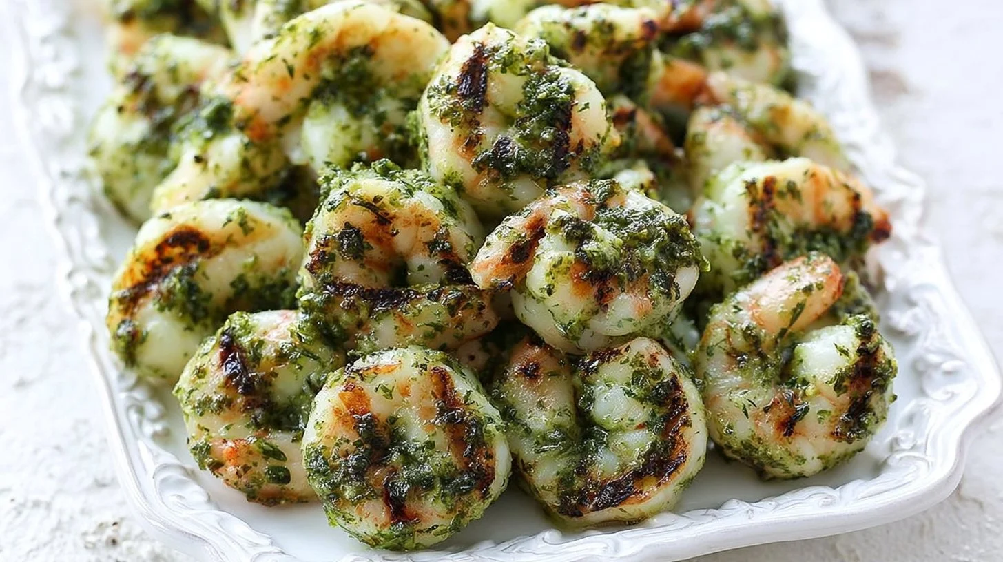Delicious Grilled Pesto Shrimp Skewers Recipe 2 Delicious grilled pesto shrimp skewers arranged on a platter.
