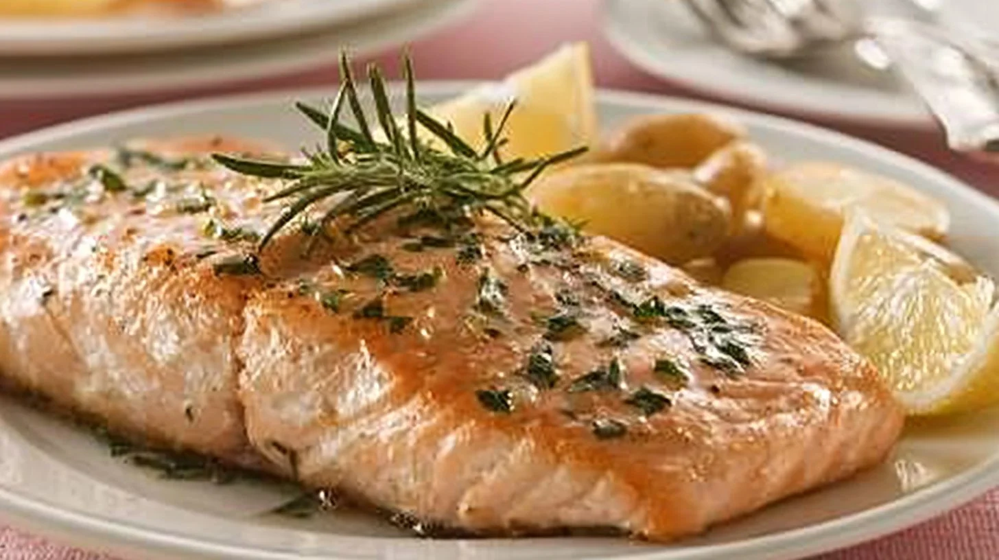 Lemon garlic salmon fillet garnished with herbs, served on a plate.