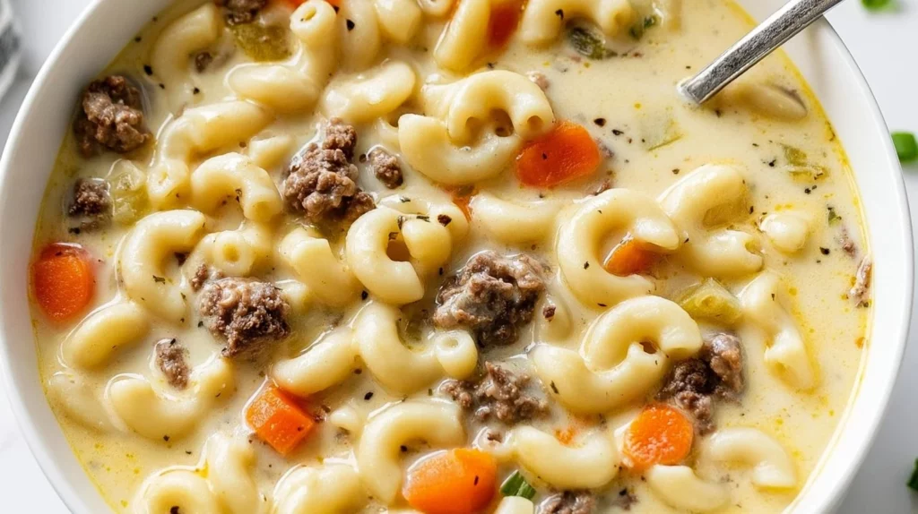 Delicious noodle soup with ground beef, herbs, and vegetables in a warm broth.