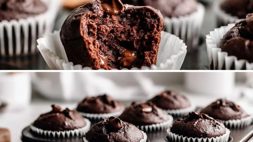 Delicious double chocolate espresso muffins topped with chocolate chips.
