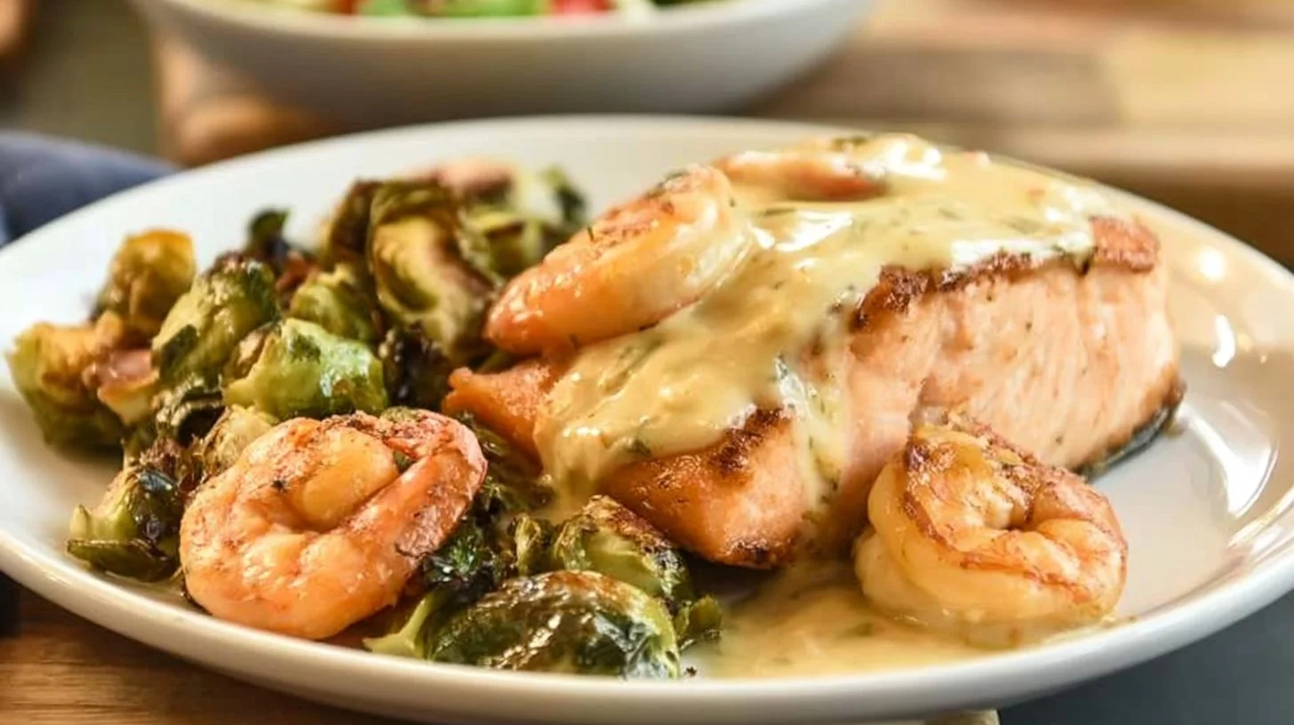 Delicious easy baked salmon and shrimp with fresh tomatoes dish