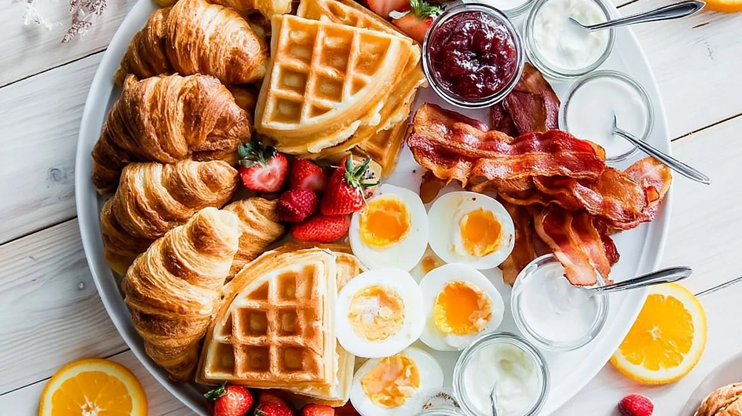 Easy breakfast board with colorful fruits, pastries, and spreads.