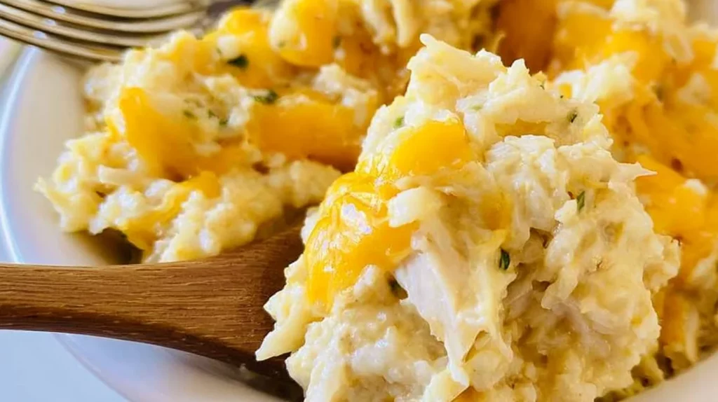 Baked easy chicken and rice casserole served in a bowl with herbs on top.