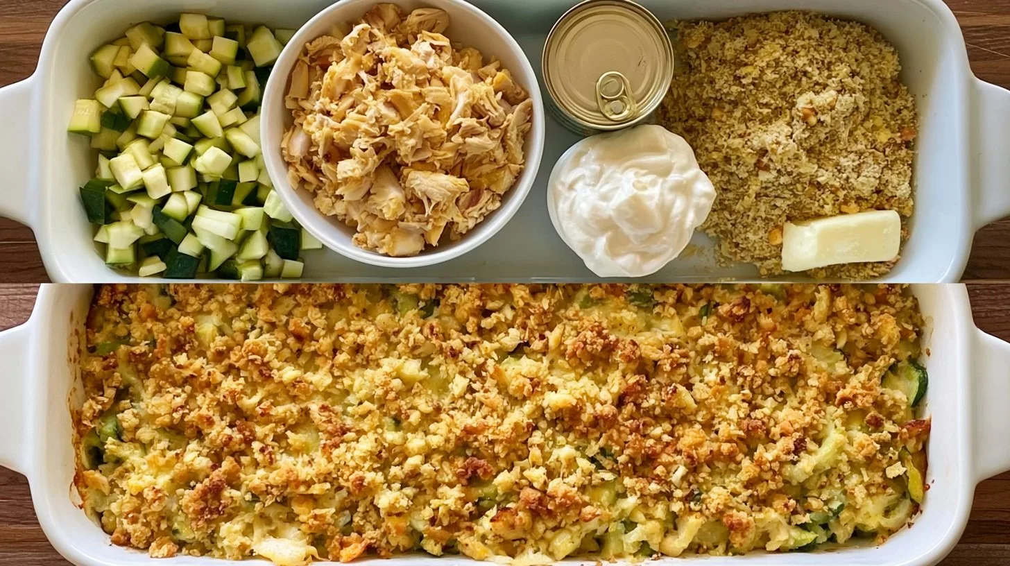 Easy Chicken Casserole 2 Easy chicken casserole served in a baking dish with fresh herbs on top