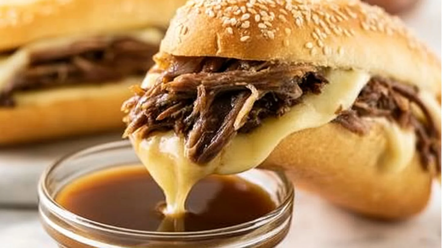 Easy Crock Pot French Dip sandwich with melted cheese and au jus sauce