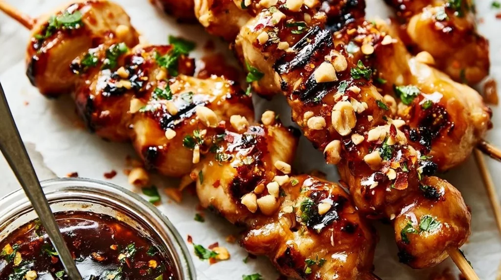 Grilled chicken skewers with honey garlic sauce on a plate