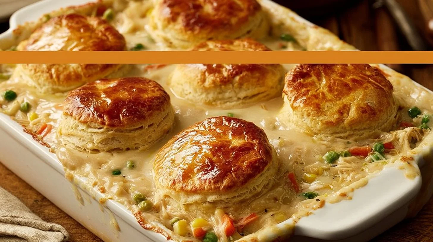 Easy homemade chicken pot pie casserole with veggies and crispy crust.