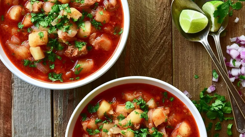 Bowl of easy Mexican Pozole topped with fresh garnishes