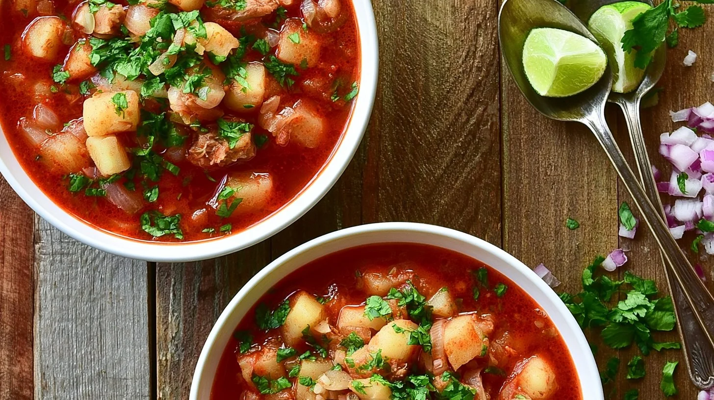 Bowl of easy Mexican Pozole topped with fresh garnishes
