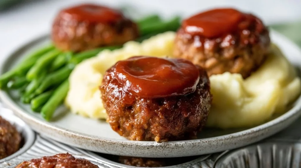 Delicious easy mini meatloaf muffins served on a plate with herbs