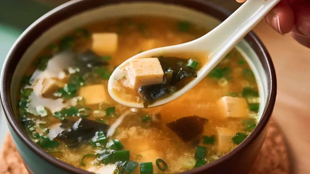 Bowl of easy gluten-free miso soup garnished with green onions