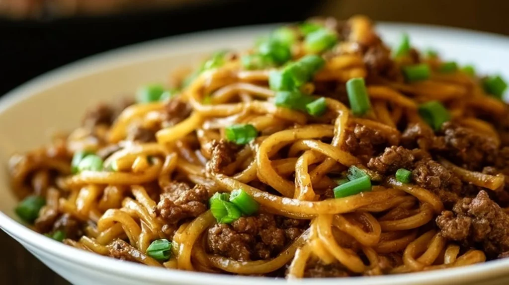 A delicious plate of easy Mongolian ground beef noodles garnished with green onions.