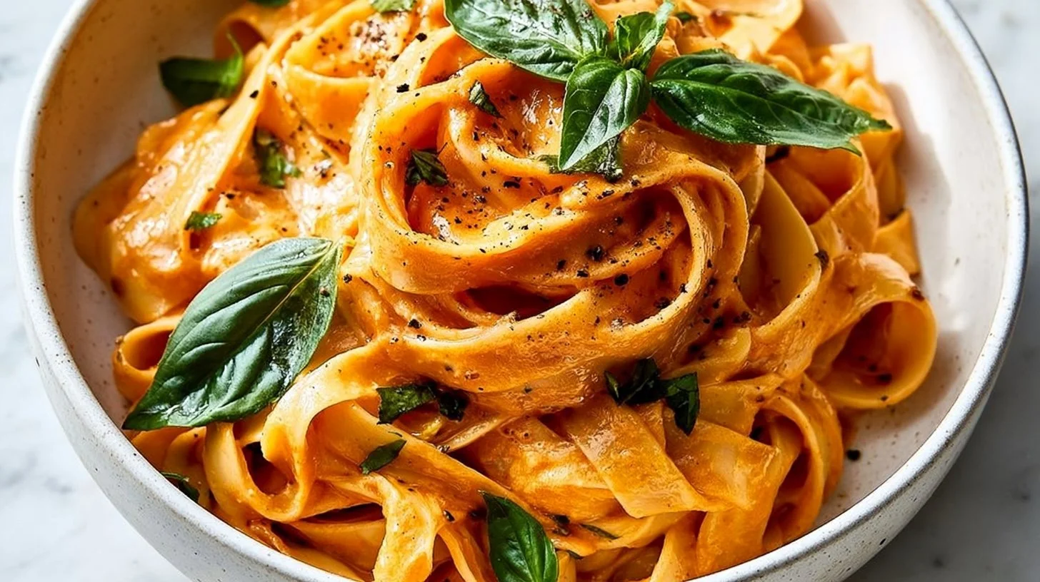 Delicious one pot creamy tomato pasta ready to serve with fresh herbs