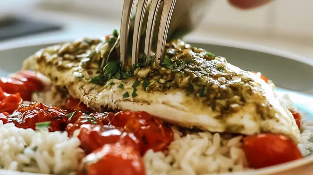 Plate of easy pesto chicken garnished with fresh basil and served with vegetables
