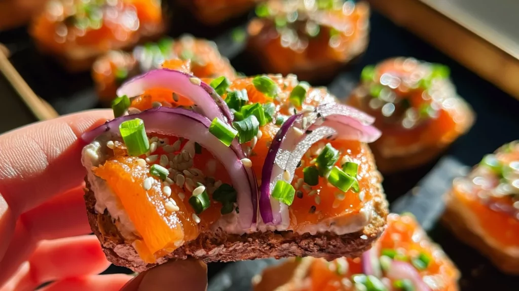 Easy smoked salmon crostini topped with cream cheese and herbs