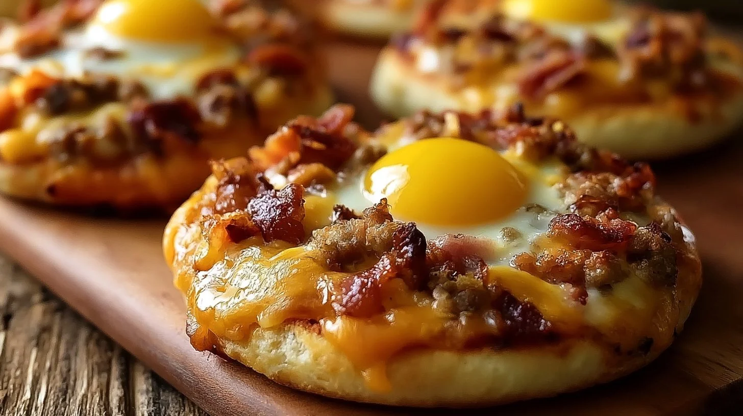 English Muffin Breakfast Pizza 2 Delicious English Muffin Breakfast Pizza topped with eggs and cheese