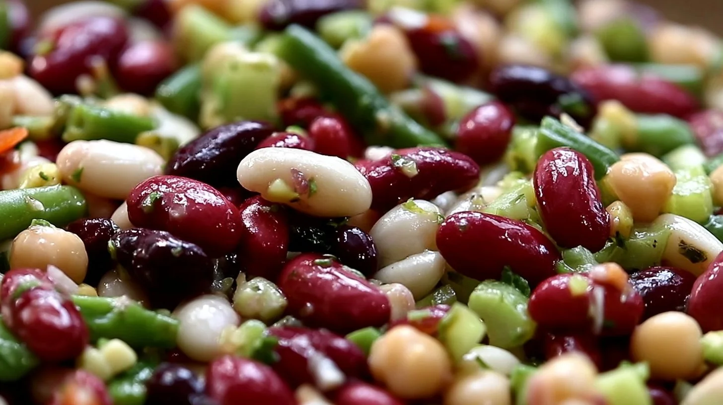 Five Bean Salad 2 Colorful five bean salad with fresh vegetables and dressing